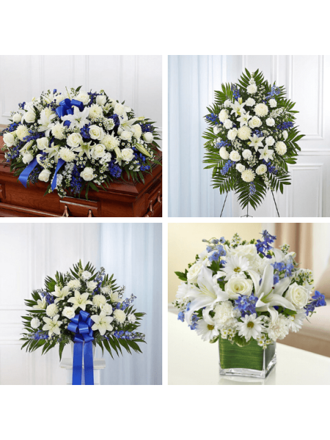 Four Piece Blue And White Funeral Flowers